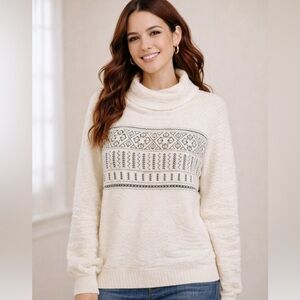 Lucky brand cowl neck sweater ivory Sz. XL  black geometric thread design NEW